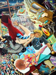 Myfannwy Price i Mog Edwards z pasją skonsumują swój tajny romans, 2005 (akryl na panelu)